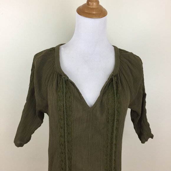 LUCKY BRAND Dark Moss Green Tie Collar Tassels Crepe Embroidery Shirt - Picture 4 of 10